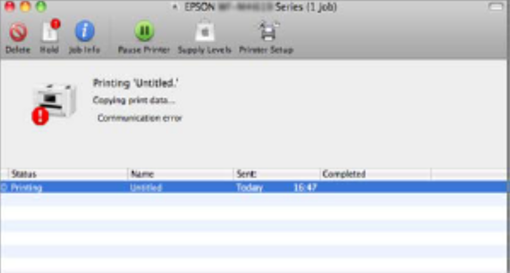 Communication error appears in the printer drivers print queue